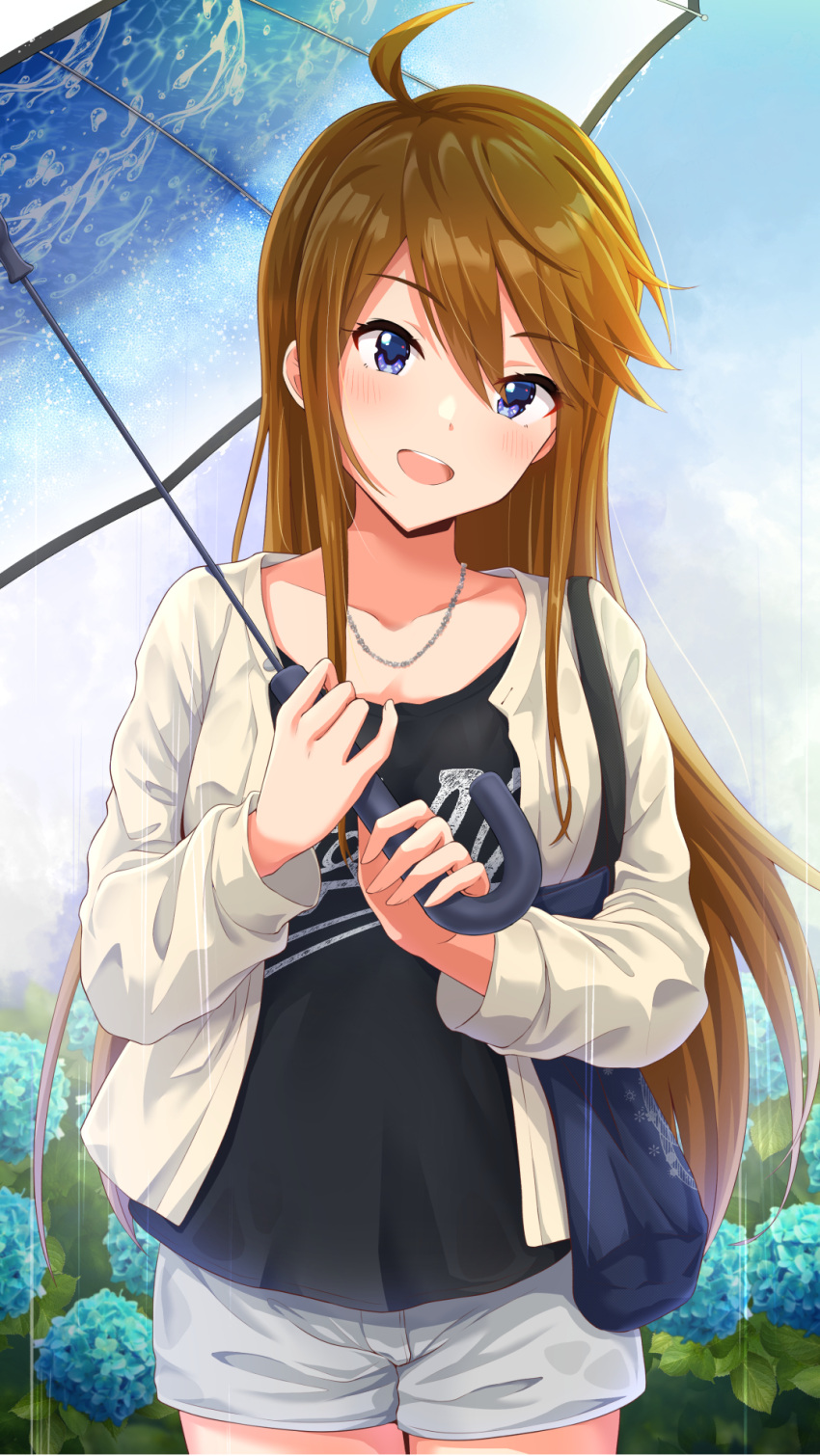 1girl ahoge bag black_shirt blue_eyes blue_umbrella blush breasts brown_hair collarbone cowboy_shot dot_nose flower hands_up highres holding holding_umbrella hydrangea idolmaster idolmaster_million_live! idolmaster_million_live!_theater_days jacket jewelry large_breasts long_hair long_sleeves looking_at_viewer nagmilk necklace open_clothes open_jacket open_mouth rain shirt shorts shoulder_bag smile solo standing swept_bangs teeth tokoro_megumi umbrella upper_teeth_only water_drop white_jacket white_shorts