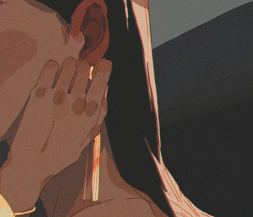 1girl black_hair blush body_blush bracelet close-up commentary dangle_earrings ear_blush earrings english_commentary from_side gold_earrings hand_blush jewelry long_hair original out_of_frame simple_background solo upper_body xi_zhang