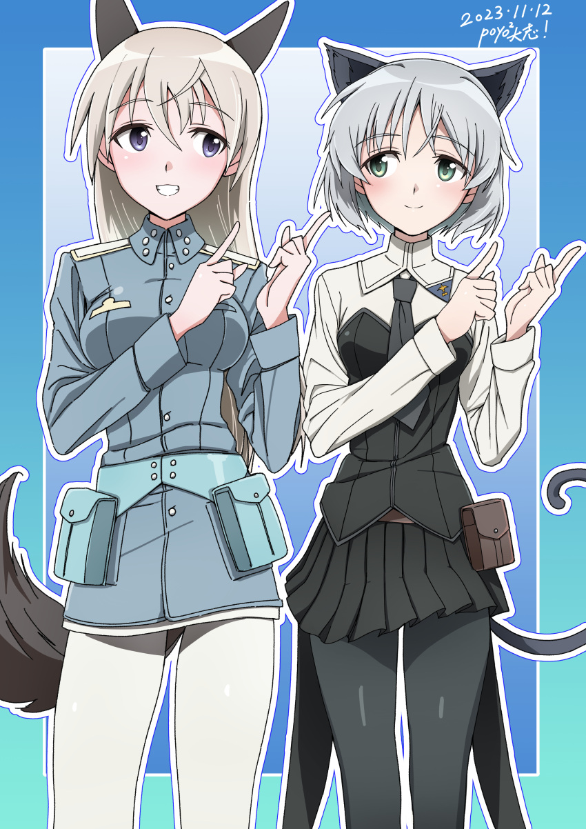 2girls absurdres animal_ears black_pantyhose blue_eyes blush breasts cat_ears cat_girl cat_tail closed_mouth dated eila_ilmatar_juutilainen fox_ears fox_girl fox_tail green_eyes grin highres long_hair looking_at_another medium_breasts military_uniform miniskirt multiple_girls pantyhose poyopoyotaishi sanya_v._litvyak skirt small_breasts smile strike_witches tail uniform white_hair white_pantyhose world_witches_series