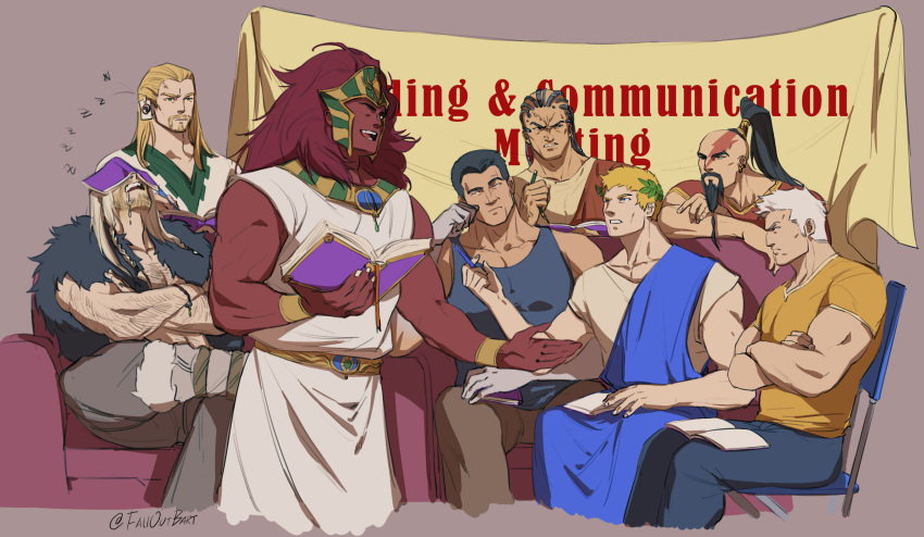 6+boys ancient_egyptian_hat angron bald banner beard beard_stubble black_hair blonde_hair book bracer chair colored_skin commentary couch dark_angels drooling english_commentary facial_hair falloutbart ferrus_manus from_side highres holding holding_book imperial_fists iron_hands_(warhammer) jaghatai_khan laurel_crown leman_russ lion_el'jonson long_beard long_hair magnus_the_red male_focus missing_eye multiple_boys muscular muscular_male open_mouth primarch purple_background red_skin redhead roboute_guilliman rogal_dorn short_hair simple_background sitting smile space_wolves standing straight-on talking thousand_sons three_quarter_view toga topknot ultramarines warhammer_40k white_scars world_eaters