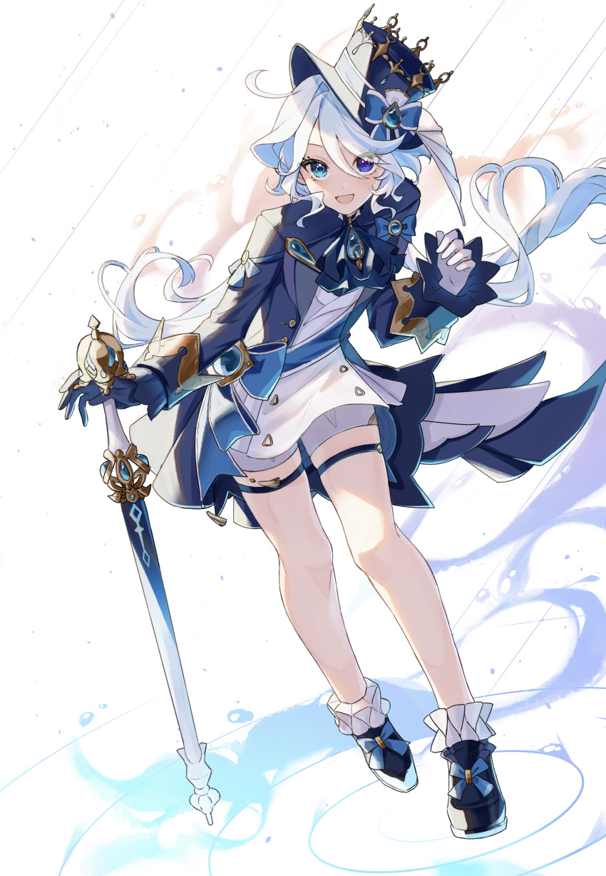 1girl :d absurdres ahoge ascot black_footwear black_gloves blue_ascot blue_bow blue_brooch blue_eyes blue_hair blue_jacket bow full_body furina_(genshin_impact) genshin_impact gloves hair_between_eyes hat heterochromia highres holding jacket legs light_blue_hair long_hair looking_at_viewer miik_(xhsa3585) multicolored_hair open_mouth shorts sidelocks smile solo streaked_hair top_hat white_gloves white_shorts