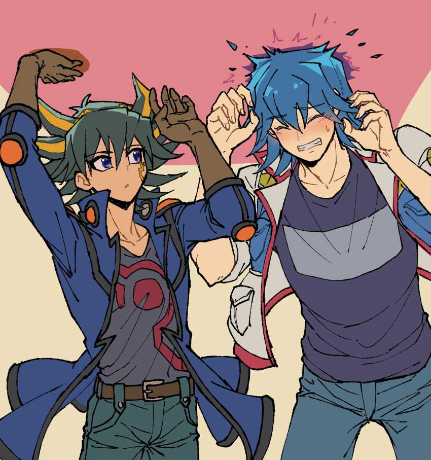 2boys :o absurdres arms_up belt black_hair black_shirt blue_eyes blue_hair blue_jacket blue_pants blue_shirt blush brown_gloves bruno_(yu-gi-oh!) ceiling closed_eyes commentary_request denim elbow_gloves elbow_pads facial_mark facial_tattoo fudou_yuusei furrowed_brow gloves hands_up head_bump high_collar highres jacket jeans leather_belt male_focus marking_on_cheek multicolored_hair multiple_boys open_clothes open_jacket open_mouth padded_jacket pain pants shirt short_hair shoulder_pads simple_background sleeves_rolled_up spiky_hair standing streaked_hair sweatdrop t-shirt tattoo v-neck white_jacket youko-shima yu-gi-oh! yu-gi-oh!_5d's