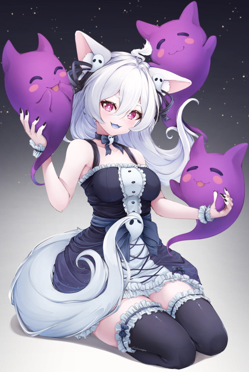 1girl :3 :d =_= absurdres ahoge animal_ear_fluff animal_ears bare_shoulders black_bow black_dress black_nails black_ribbon black_thighhighs blue_tongue bow bowtie breasts bright_pupils center_frills collarbone colored_tongue dress fangs fox_ears fox_girl fox_tail frilled_cuffs frilled_dress frilled_thighhighs frills full_body ghost ghost_hair_ornament gradient_background hair_between_eyes hair_ribbon hands_up highres impossible_clothes impossible_dress indie_virtual_youtuber light_particles long_hair looking_at_viewer medium_breasts neck_ribbon pink_eyes pooky_boo ribbon seiza shironagase sitting sleeveless sleeveless_dress smile solo tail thigh-highs virtual_youtuber white_hair white_pupils wrist_cuffs