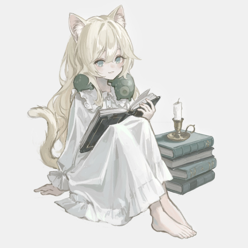 1girl :3 animal_ears barefoot blob book book_stack candle candlestand cat_ears cat_girl cat_tail creature highres holding holding_book long_hair long_sleeves looking_at_viewer nightgown open_book original popepopo999 simple_background sitting smile tail white_background white_nightgown