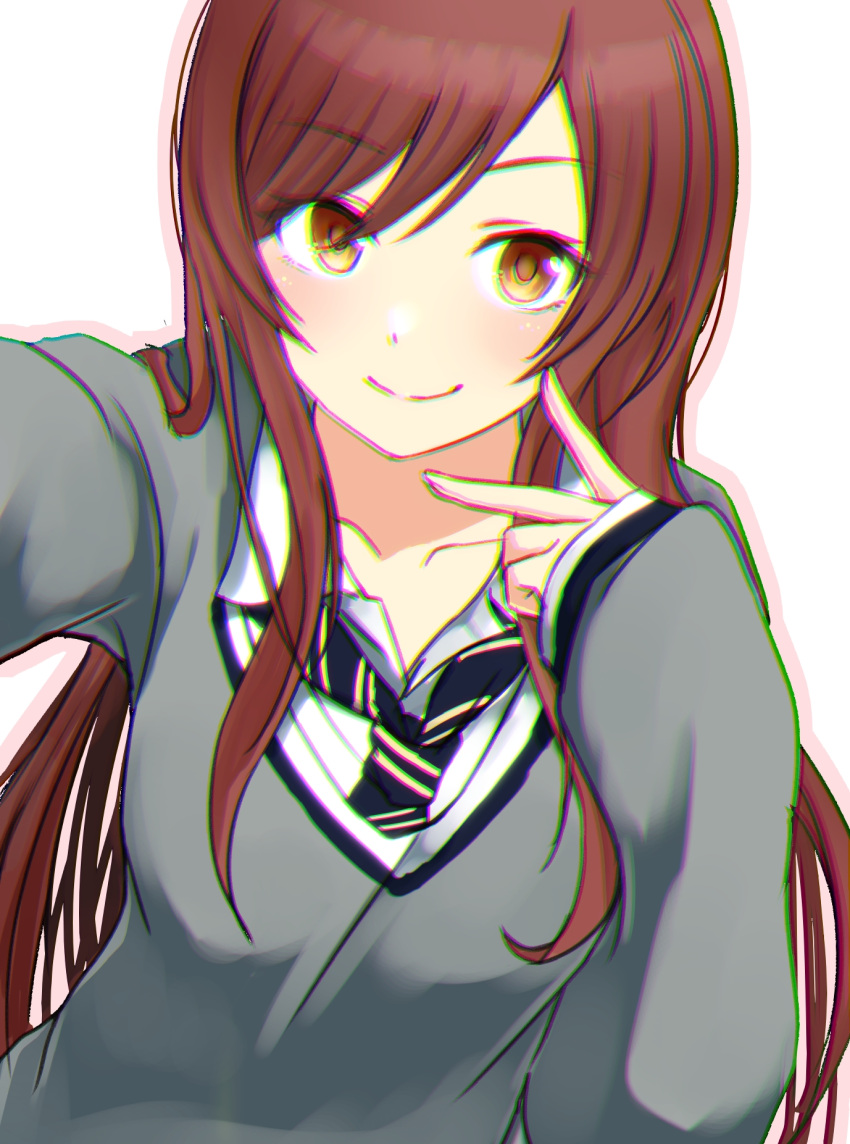 1girl ame-rain brown_eyes brown_hair cardigan collared_shirt grey_cardigan highres idolmaster idolmaster_shiny_colors long_hair long_sleeves looking_at_viewer necktie osaki_amana school_uniform selfie shirt simple_background sleeves_past_wrists smile solo upper_body white_background white_shirt