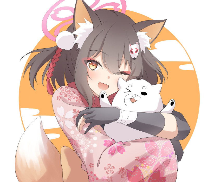 1girl animal_ear_fluff animal_ears animal_hug bandaged_arm bandages black_gloves blue_archive brown_hair colored_inner_animal_ears commentary_request creature egasumi eyeshadow fang floral_print_kimono fox_ears fox_girl fox_mask fox_tail gloves hair_ornament half_updo halo happy highres izuna_(blue_archive) japanese_clothes kimono makeup mask one_eye_closed one_side_up open_mouth partially_fingerless_gloves pink_halo pink_kimono pom_pom_(clothes) pom_pom_hair_ornament red_eyeshadow red_scarf rope scarf shimenawa short_hair skin_fang smile tail two-tone_background upper_body utyuueituu white_background yellow_background yellow_eyes