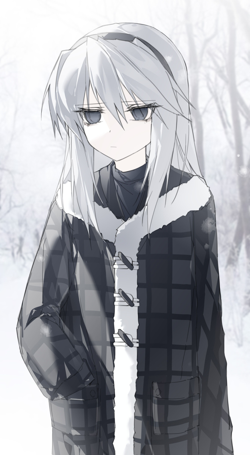 1girl absurdres bare_tree black_coat black_hairband clannad closed_mouth coat empty_eyes expressionless fur_coat grey_eyes hair_between_eyes hairband hand_in_pocket highres long_bangs long_hair long_sleeves looking_afar looking_to_the_side muted_color outdoors plaid plaid_coat sakagami_tomoyo snow snowing solo tree upper_body white_hair yexinhan