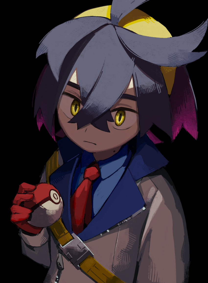 1boy black_background black_hair blue_shirt closed_mouth collared_shirt colored_inner_hair commentary_request crossed_bangs gloves hair_between_eyes hairband hand_up highres himurohiromu holding holding_poke_ball jacket kieran_(pokemon) male_focus multicolored_hair necktie poke_ball poke_ball_(basic) pokemon pokemon_(game) pokemon_sv red_gloves red_necktie shirt short_hair simple_background solo strap upper_body yellow_hairband zipper_pull_tab