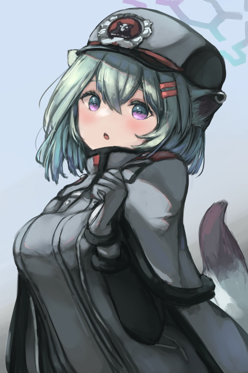 1girl absurdres animal_ears bear_ears blue_archive commentary epaulettes grey_headwear grey_jacket hair_between_eyes hair_ornament hairclip halo highres jacket looking_at_viewer notice_lines parted_lips shigure_(blue_archive) short_hair simple_background solo tail teruriu violet_eyes