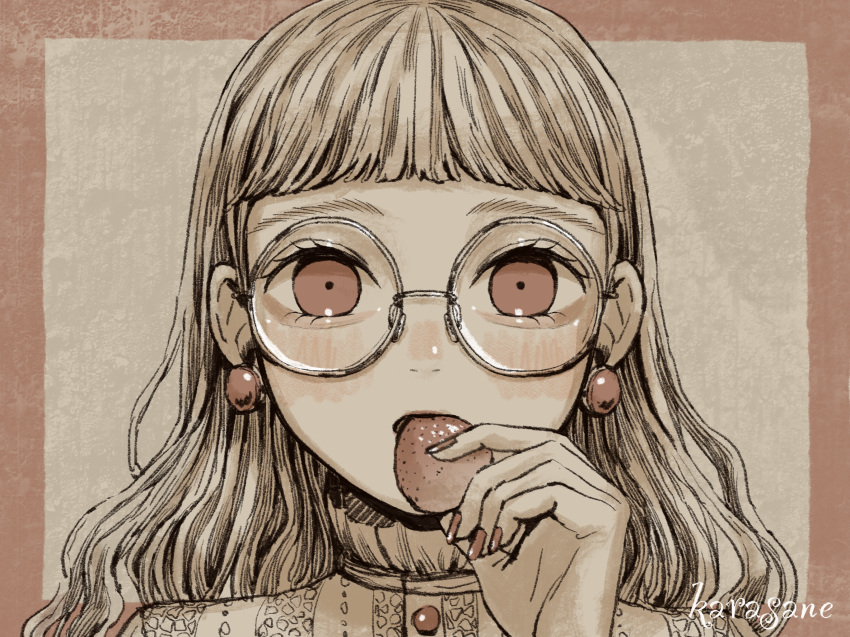 1girl artist_name border buttons commentary earrings eating eyelashes food food_in_mouth fruit glasses grey_background hand_up highres holding holding_food holding_fruit jewelry karasane03 light_blush long_hair looking_at_viewer original outside_border partially_colored pink_border pink_eyes pink_nails portrait print_shirt round_eyewear shirt solo straight-on strawberry wavy_hair
