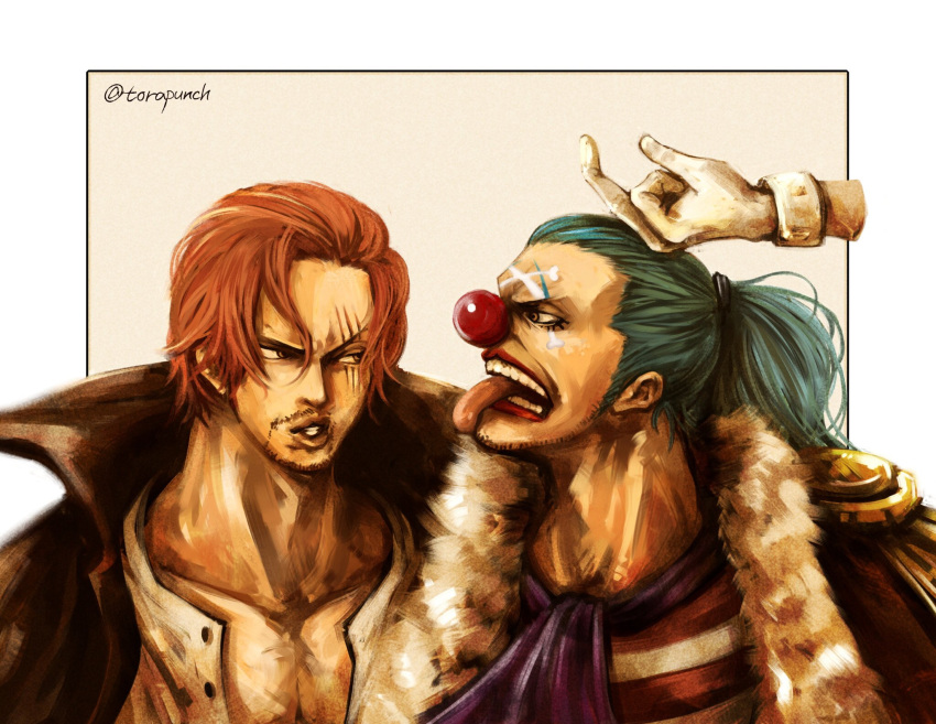 2boys artist_name black_coat blue_hair buggy_the_clown clown_nose coat commentary_request epaulettes facepaint facial_hair gloves highres makeup male_focus medium_hair multiple_boys one_piece open_mouth ponytail red_nose redhead scar scar_across_eye scar_on_face shanks_(one_piece) teeth tongue tongue_out torapunch white_gloves