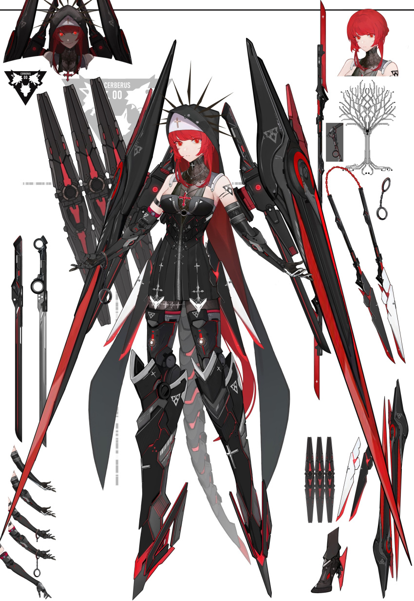 1girl absurdres black_dress black_veil chaomian_buyao_mian closed_mouth collar cross crucifix cuffs dress floating floating_object floating_weapon handcuffs highres joints long_hair mecha_musume mechanical_arms mechanical_legs punishing:_gray_raven red_eyes redhead robot_joints shoulder_tattoo sidelocks solo sword tattoo veil vera_(punishing:_gray_raven) very_long_hair weapon white_headwear