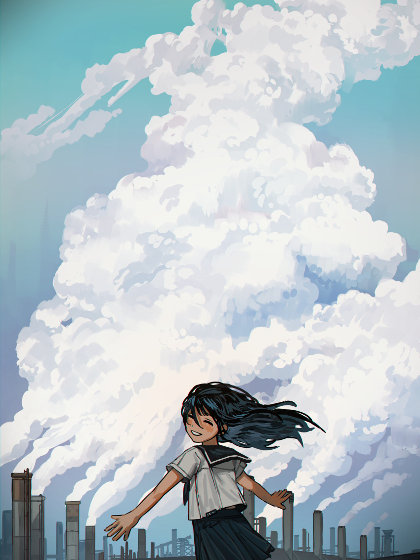 1girl absurdres black_hair black_sailor_collar black_skirt blue_sky blush closed_eyes clouds commentary_request from_behind highres long_hair looking_back myango_(applemangocrape) original outstretched_arms parted_lips pleated_skirt pollution sailor_collar school_uniform serafuku shirt short_sleeves skirt sky smile smoke smokestack solo white_shirt