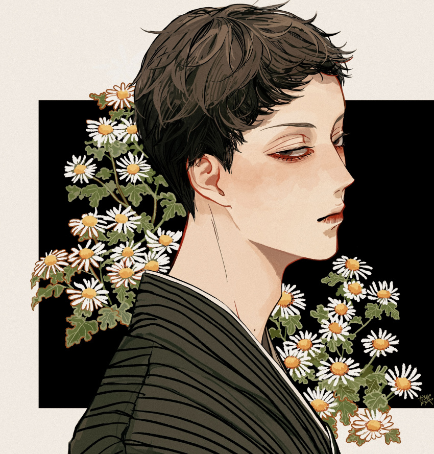 1boy absurdres adam's_apple black_background brown_eyes brown_hair brown_kimono closed_mouth commentary daisy flower from_side half-closed_eyes highres japanese_clothes kagoya1219 kimono looking_at_viewer looking_to_the_side male_focus original outside_border plant portrait short_hair sideways_glance signature solo striped striped_kimono very_short_hair white_flower