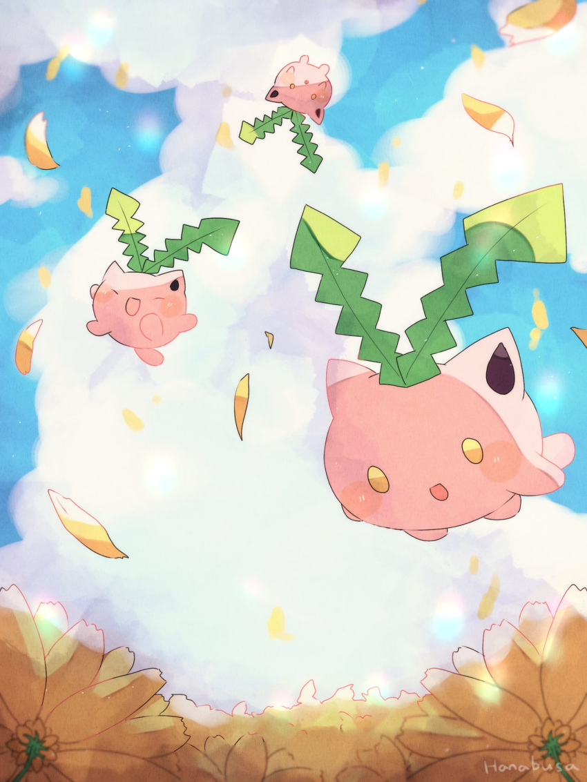 :d :o animal_focus artist_name blue_sky closed_eyes clouds colored_skin commentary_request falling_leaves floating flower hanabusaoekaki highres hoppip leaf no_humans pink_skin pokemon pokemon_(creature) sky smile upside-down yellow_eyes yellow_flower