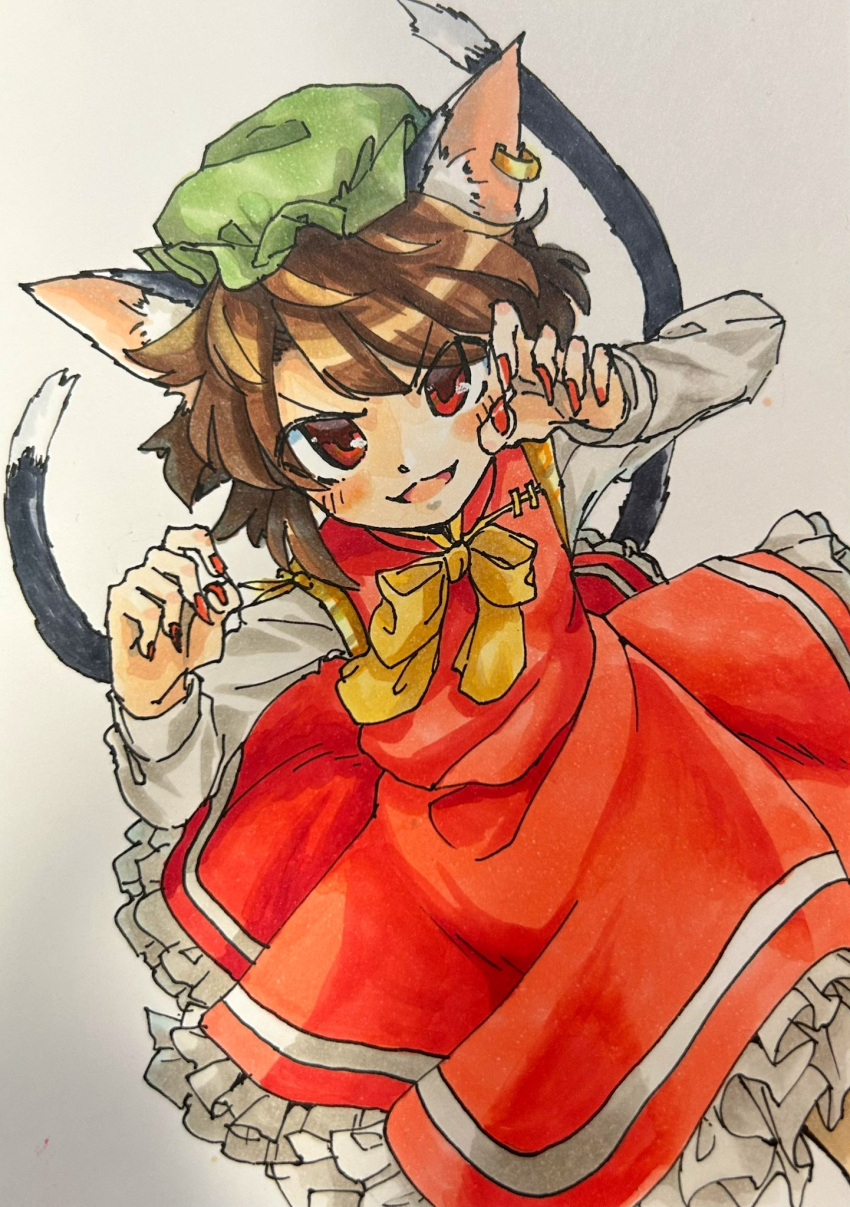 1girl :3 :d animal_ear_fluff animal_ear_piercing animal_ears bow bowtie brown_hair cat_ears cat_tail chen claw_pose commentary_request dress earrings eyes_visible_through_hair flat_chest frills from_above gold_trim green_headwear hands_up hat highres jewelry kusiyan long_sleeves looking_at_viewer mob_cap multiple_tails nail_polish nekomata open_mouth petticoat red_dress red_eyes red_nails short_hair simple_background single_earring smile solo swept_bangs tail touhou traditional_media two_tails v-shaped_eyebrows white_background yellow_bow yellow_bowtie