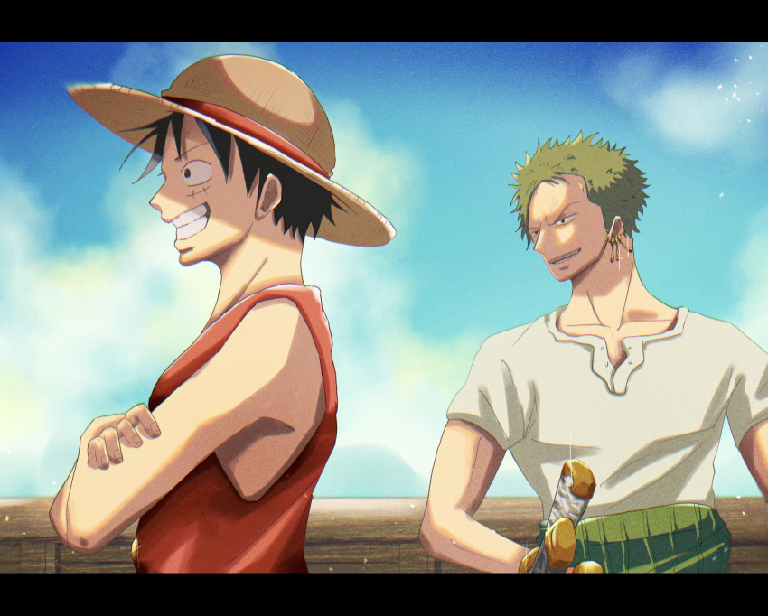 2boys black_hair clouds cloudy_sky commentary_request crossed_arms earrings green_hair haramaki hat highres jewelry katana male_focus monkey_d._luffy multiple_boys one_piece open_mouth outdoors red_shirt roronoa_zoro scar scar_on_cheek scar_on_face shirt short_hair short_sleeves single_earring sky sleeveless smile straw_hat suzu_(suzuran_piece) sword teeth weapon