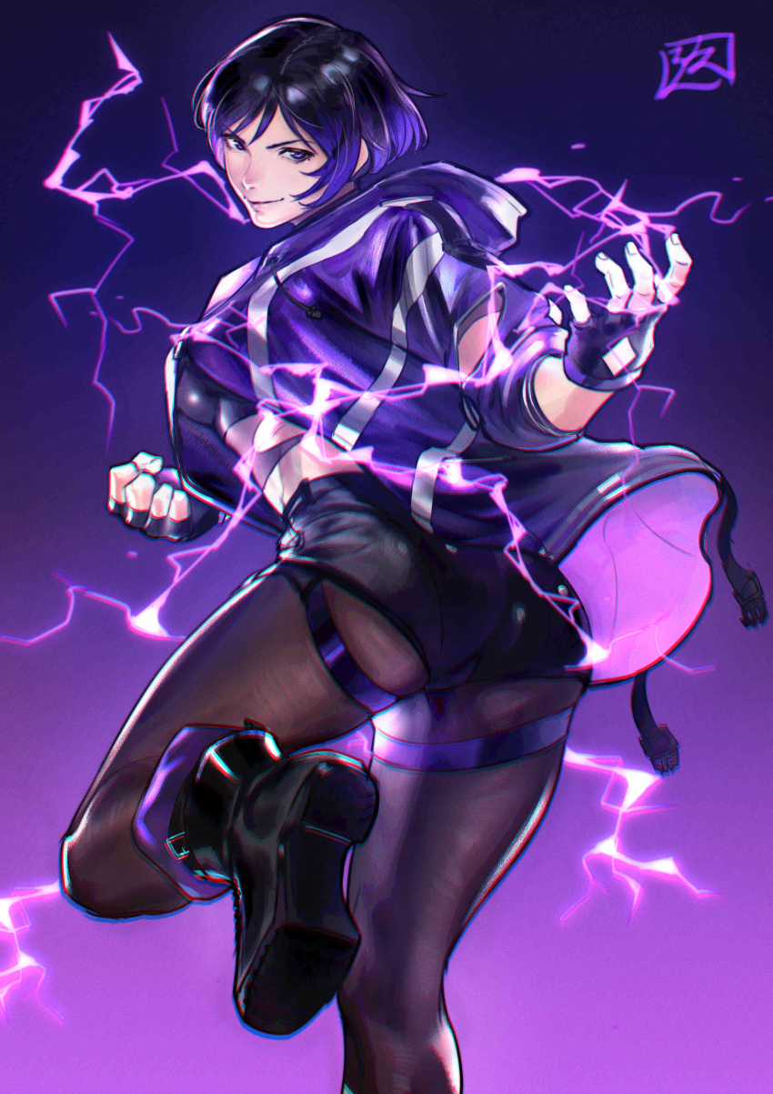 1girl absurdres ass black_footwear colored_tips electricity highres hood hooded_jacket jacket juaag_acgy multicolored_clothes multicolored_hair multicolored_jacket namco pantyhose purple_hair purple_jacket reina_(tekken) tekken tekken_8 two-tone_jacket violet_eyes