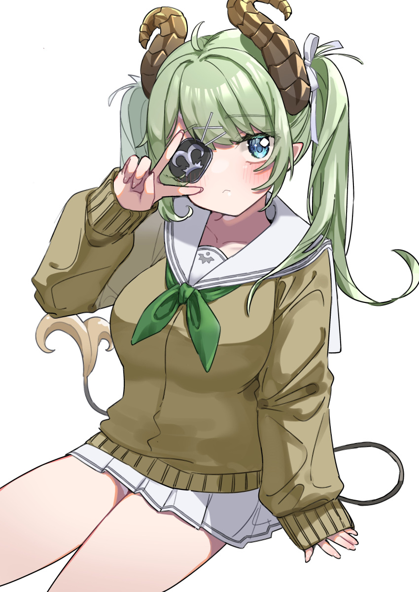 1girl :&lt; absurdres ahoge alternate_costume alternate_hairstyle blue_eyes blush bow breasts brown_cardigan brown_horns cardigan closed_mouth commentary_request cowboy_shot curled_horns demon_girl demon_horns demon_tail expressionless eyepatch fingernails green_neckerchief hair_bow highres horns large_breasts long_hair looking_at_viewer medium_bangs miniskirt nanashi_inc. neckerchief pleated_skirt sailor_collar sekishiro_mico shirt simple_background sitting skirt sleeves_past_wrists tail tamotsu_(mary) twintails v_over_eye virtual_youtuber white_background white_bow white_sailor_collar white_shirt white_skirt