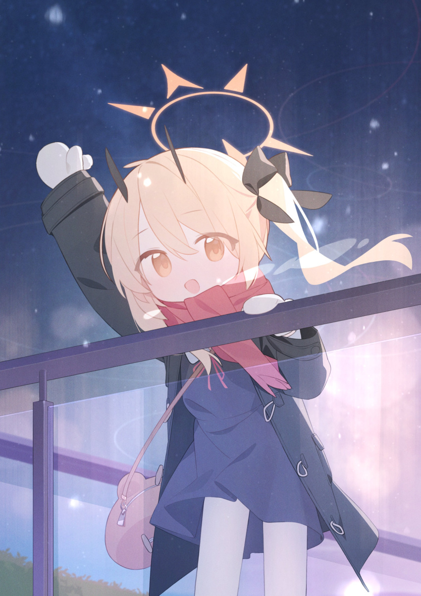 1girl absurdres arm_up bag black_coat black_dress black_horns blonde_hair blue_archive coat demon_horns doribae dress hair_between_eyes halo highres horns ibuki_(blue_archive) long_hair long_sleeves mittens open_clothes open_coat open_mouth red_scarf scarf shoulder_bag side_ponytail smile solo white_mittens yellow_eyes yellow_halo