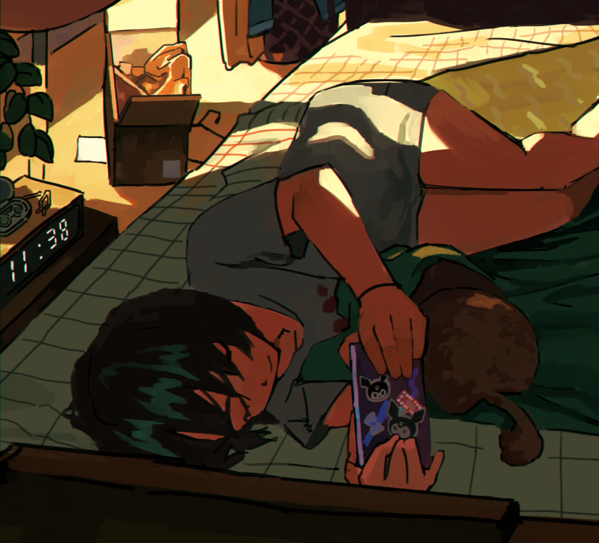 1girl alarm_clock bare_legs bedroom black_hair blue_shirt box cardboard_box cellphone clock closed_eyes closed_mouth commentary_request dog feet_out_of_frame highres holding holding_phone indoors kuromi lying myango_(applemangocrape) on_bed on_side onegai_my_melody phone plant potted_plant sanrio shirt short_hair short_sleeves smartphone solo