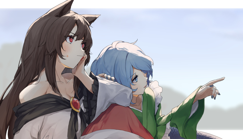 2girls animal_ears bare_shoulders blue_hair blue_nails blurry blurry_background brooch brown_hair day dress fingernails green_kimono hand_on_another's_arm hand_on_own_cheek hand_on_own_face highres imaizumi_kagerou japanese_clothes jewelry kimono lake long_fingernails long_hair long_sleeves mermaid misty_lake monster_girl multiple_girls off-shoulder_dress off_shoulder open_mouth outdoors pocche-ex pointing red_eyes red_nails short_hair sky sweatdrop touhou wakasagihime wolf_ears