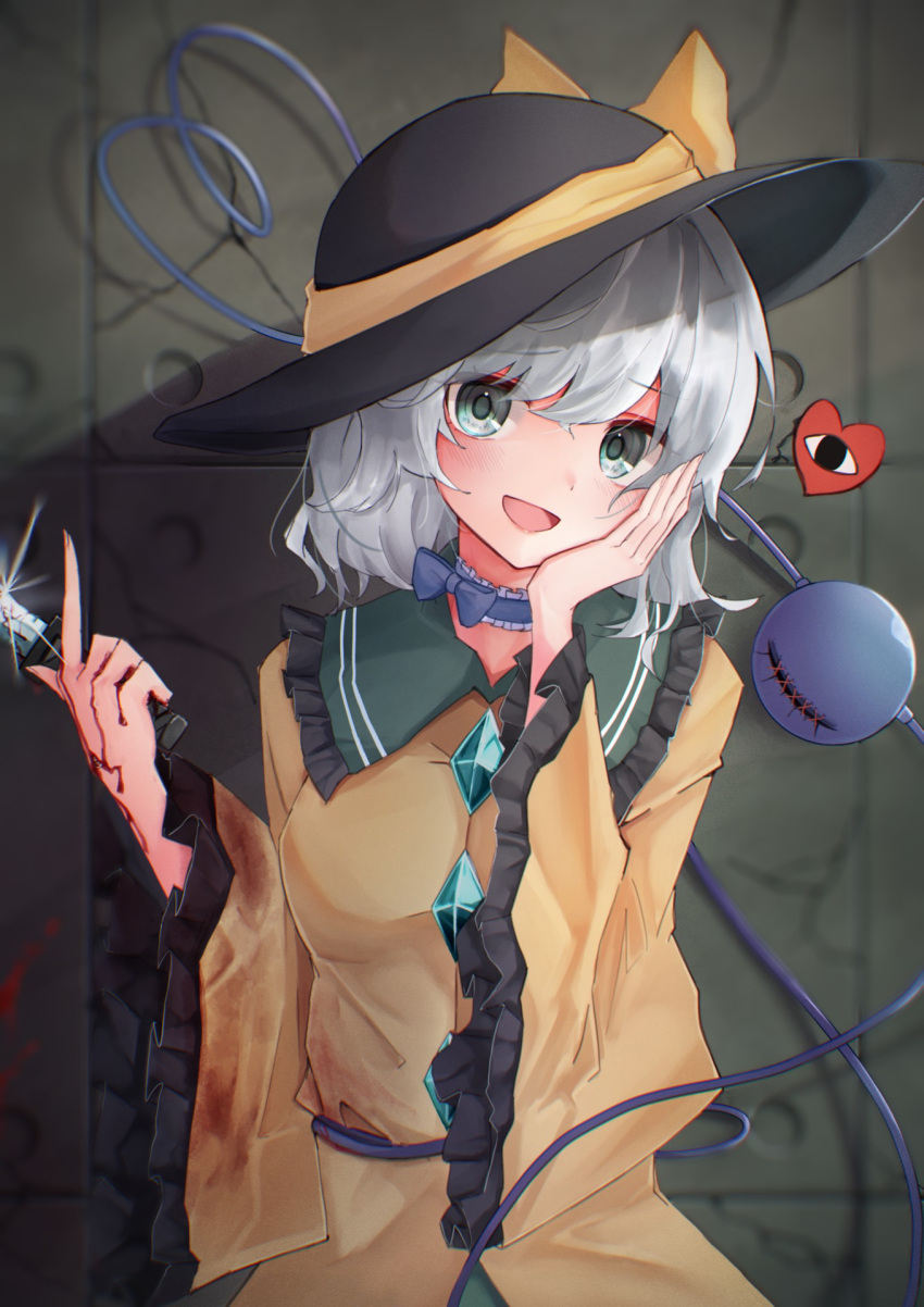 1girl black_headwear blood blood_on_hands blush breasts buttons collared_shirt diamond_button fingernails frilled_shirt_collar frilled_sleeves frills green_eyes green_skirt grey_hair hair_between_eyes hand_on_own_face hat hat_ribbon heart heart-shaped_pupils highres holding holding_knife knife komeiji_koishi long_sleeves looking_at_viewer medium_hair open_mouth ribbon shirt skirt small_breasts smile solo symbol-shaped_pupils taguno third_eye touhou wide_sleeves yellow_ribbon yellow_shirt