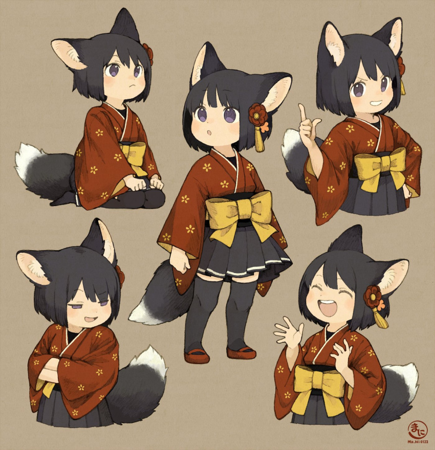 1girl animal_ear_fluff animal_ears black_hair black_skirt black_thighhighs blue_eyes blush bow brown_footwear closed_mouth commentary_request flower fox_girl full_body gradient_tail hair_between_eyes hair_flower hair_ornament half-closed_eyes highres index_finger_raised japanese_clothes kimono long_sleeves looking_at_viewer looking_to_the_side maniani multiple_views obi open_mouth original red_flower red_footwear red_kimono sash skirt solo standing tail thigh-highs upper_body wide_sleeves yellow_bow