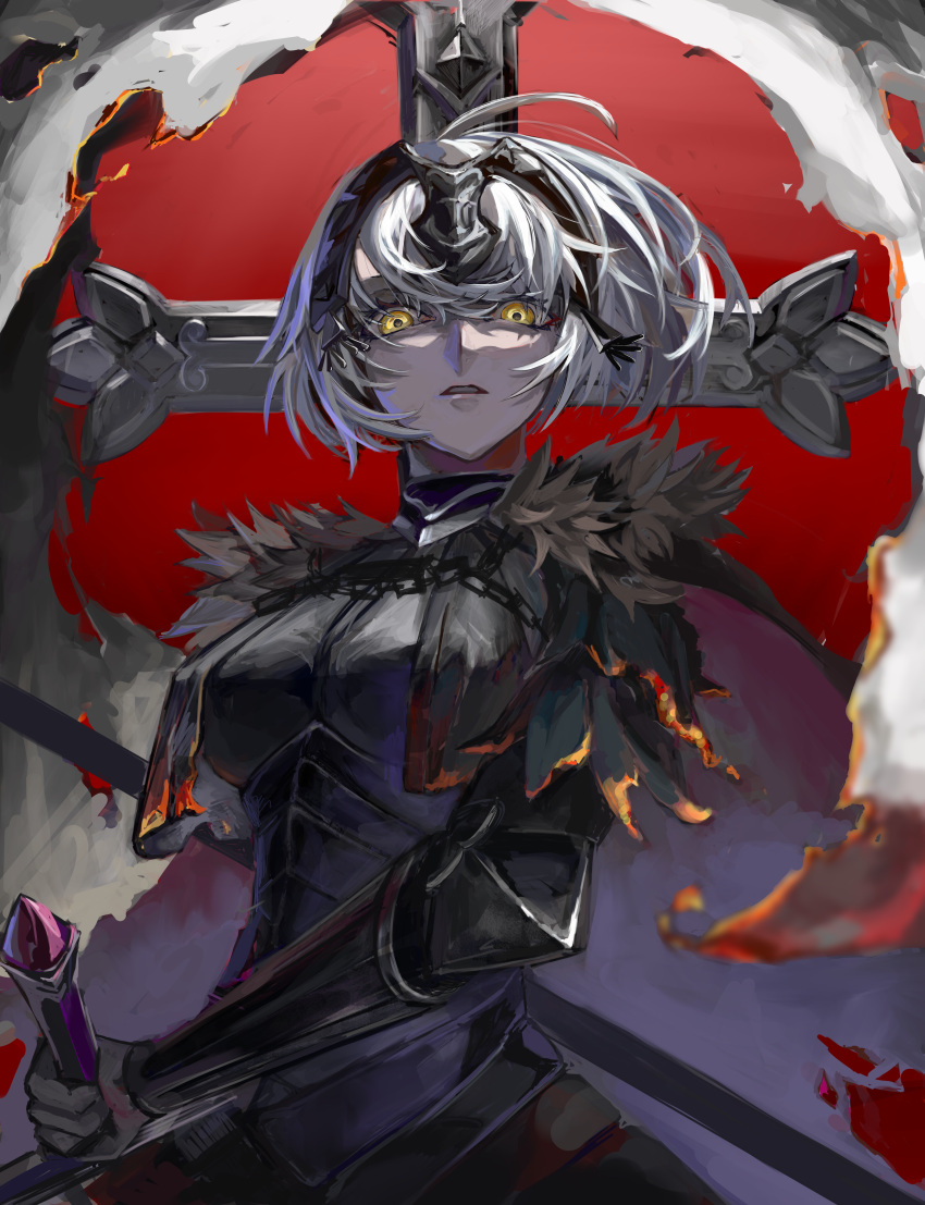 absurdres ahoge armor black_armor blonde_hair breasts cross fate/grand_order fate_(series) fur_trim gauntlets headgear highres holding holding_sword holding_weapon jeanne_d'arc_alter_(avenger)_(fate) jeanne_d'arc_alter_(fate) koma_(86355254) looking_at_viewer shaded_face sword upper_body weapon yellow_eyes