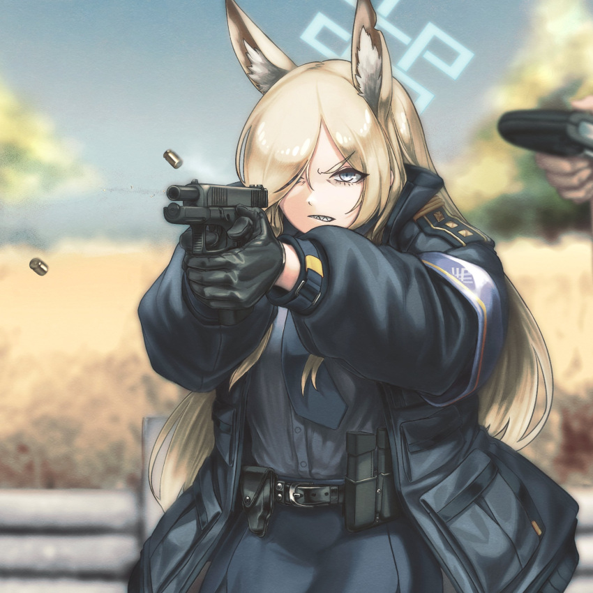 1girl 1other aiming ambiguous_gender ammunition_pouch animal_ears armband belt black_belt black_gloves black_jacket blonde_hair blue_archive blue_armband blue_eyes blue_halo blue_jacket blue_necktie blue_skirt blue_sky blurry blurry_background breasts commentary_request cowboy_shot dog_ears finger_on_trigger firing glock gloves grey_eyes grimace gun hair_over_one_eye halo handgun high_collar highres holding holding_gun holding_weapon jacket kanna_(blue_archive) large_breasts leather leather_gloves long_hair long_sleeves magazine_(weapon) massabou2 necktie one_eye_covered open_mouth out_of_frame outdoors parted_lips police police_uniform pouch sharp_teeth shell_casing shirt_tucked_in skirt sky solo_focus teeth two-handed uniform upper_body v-shaped_eyebrows weapon