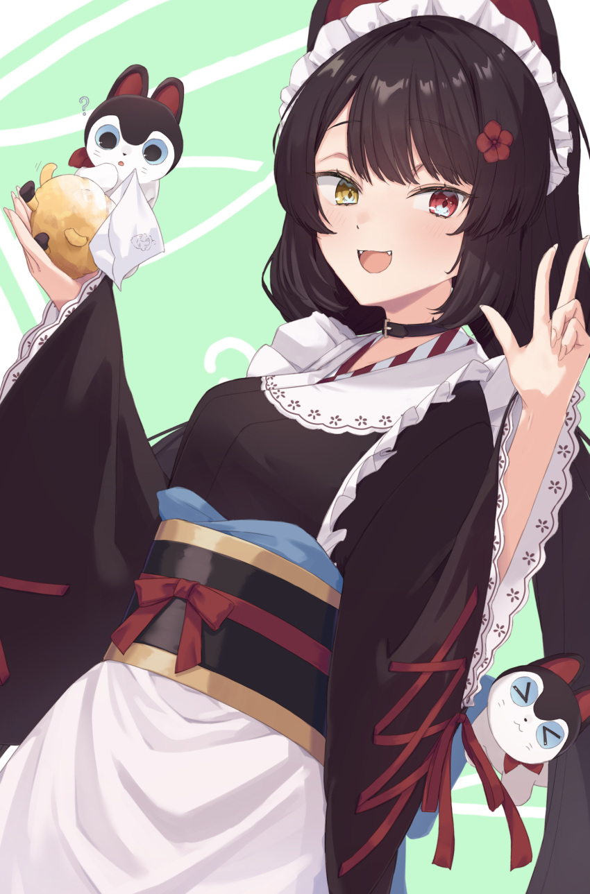 1girl absurdres animal_ears apron black_choker black_hair black_kimono chloette choker commentary_request fangs flower hair_flower hair_ornament heterochromia highres inui_toko japanese_clothes kimono long_hair long_sleeves low_twintails maid maid_headdress nijisanji obi obiage obijime open_mouth partial_commentary red_eyes sash smile solo twintails upper_body very_long_hair virtual_youtuber wa_maid waist_apron white_apron wide_sleeves yellow_eyes