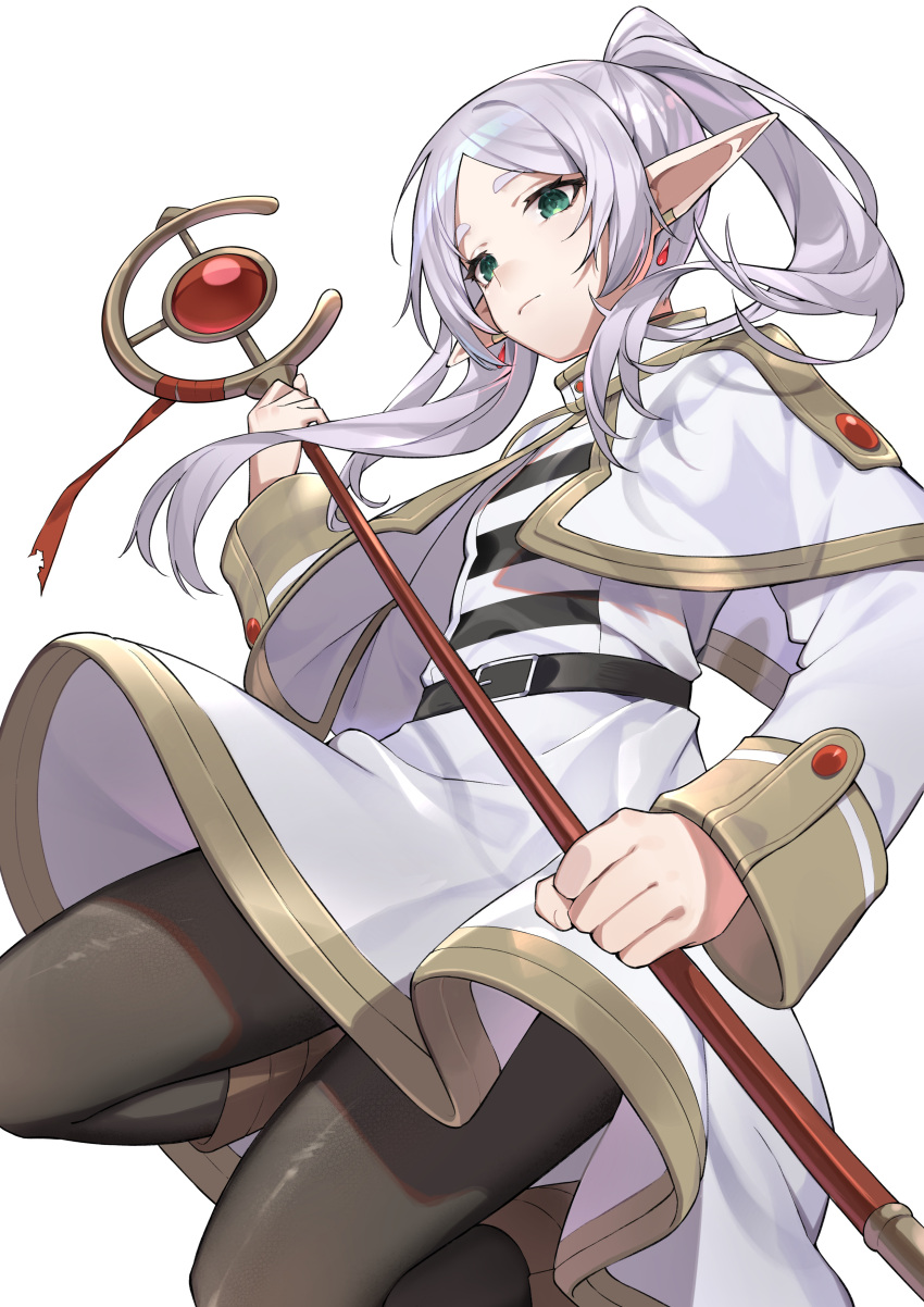 1girl absurdres belt black_belt black_pantyhose capelet closed_mouth earrings frieren gold_trim green_eyes highres jewelry kouhiipan long_sleeves mage_staff pantyhose pointy_ears shirt solo sousou_no_frieren striped striped_shirt twintails white_capelet white_hair