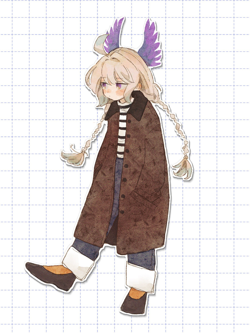 1girl ahoge blonde_hair blush braid coat english_commentary enna_alouette full_body grid_background hands_in_pockets head_wings highres low_twintails mmm_toi0 nijisanji nijisanji_en nose_blush outline shirt solo striped striped_shirt twin_braids twintails violet_eyes white_outline wings