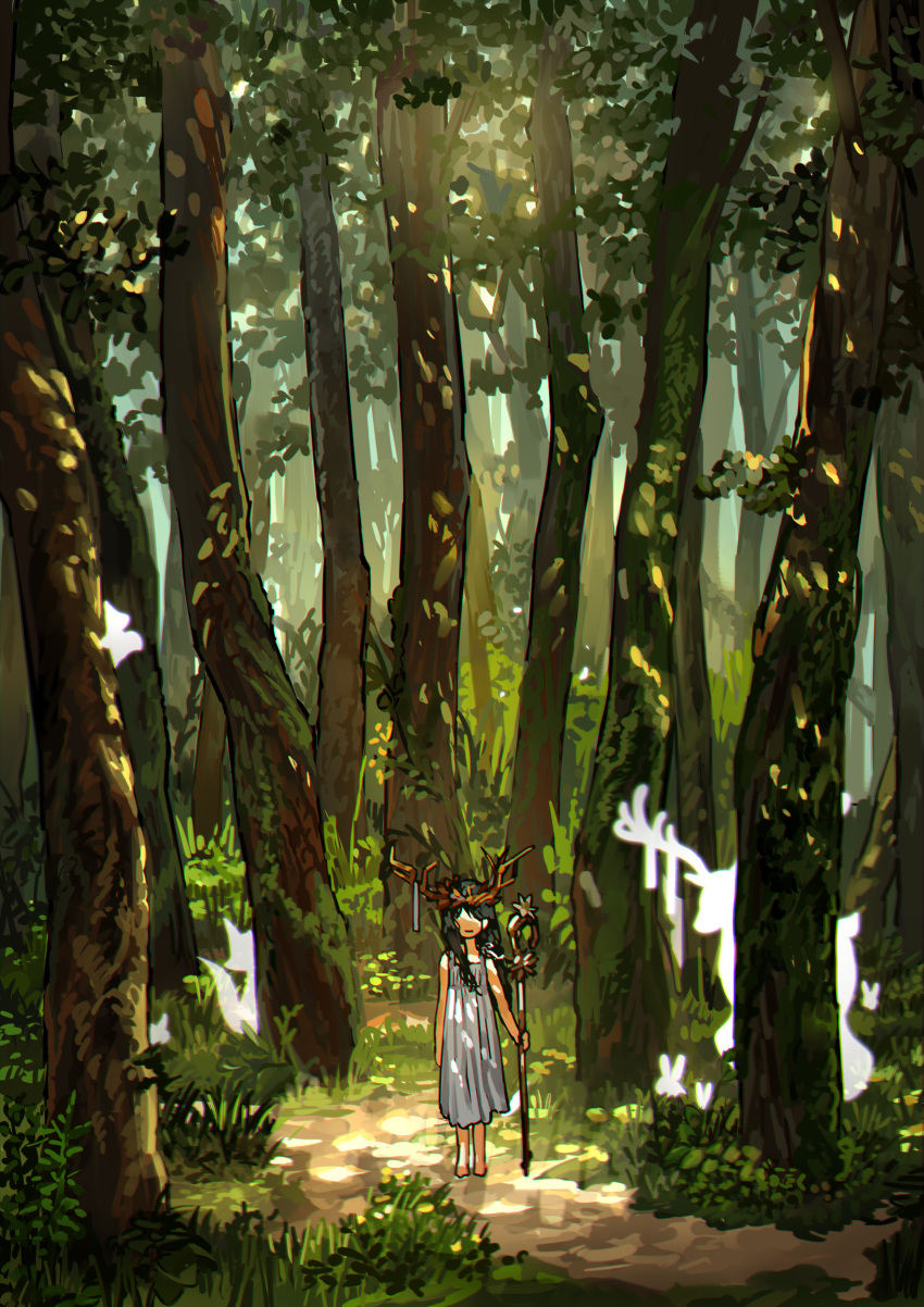 1girl absurdres bare_arms bare_legs bush closed_mouth commentary crown dappled_sunlight day deer dress english_commentary forest fox full_body ghost grass highres holding holding_staff moss myango_(applemangocrape) nature original outdoors sleeveless sleeveless_dress solo staff sunlight tree white_dress