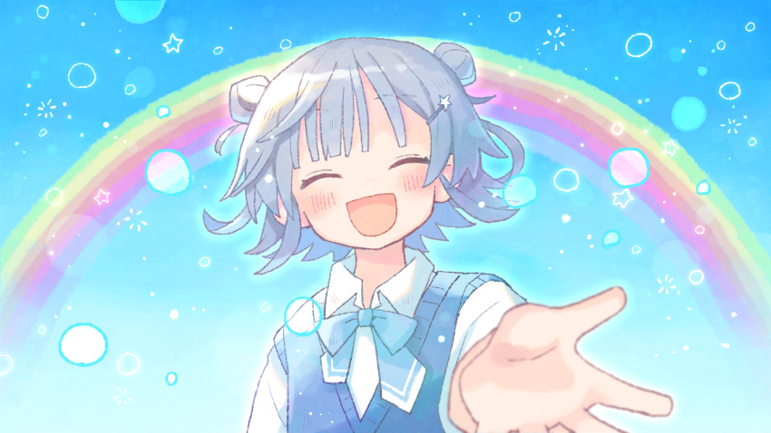 1girl beckoning blue_background blue_bow blue_bowtie blue_outline blue_sweater_vest blunt_bangs blush bow bowtie bubble cevio collared_shirt commentary_request double_bun facing_viewer floating_hair grey_hair hair_bun hair_ornament hairclip head_tilt highres koharu_rikka open_mouth outline outstretched_hand rainbow shirt short_hair smile solo sparkle star_(symbol) sweater_vest synthesizer_v t705gp upper_body white_shirt