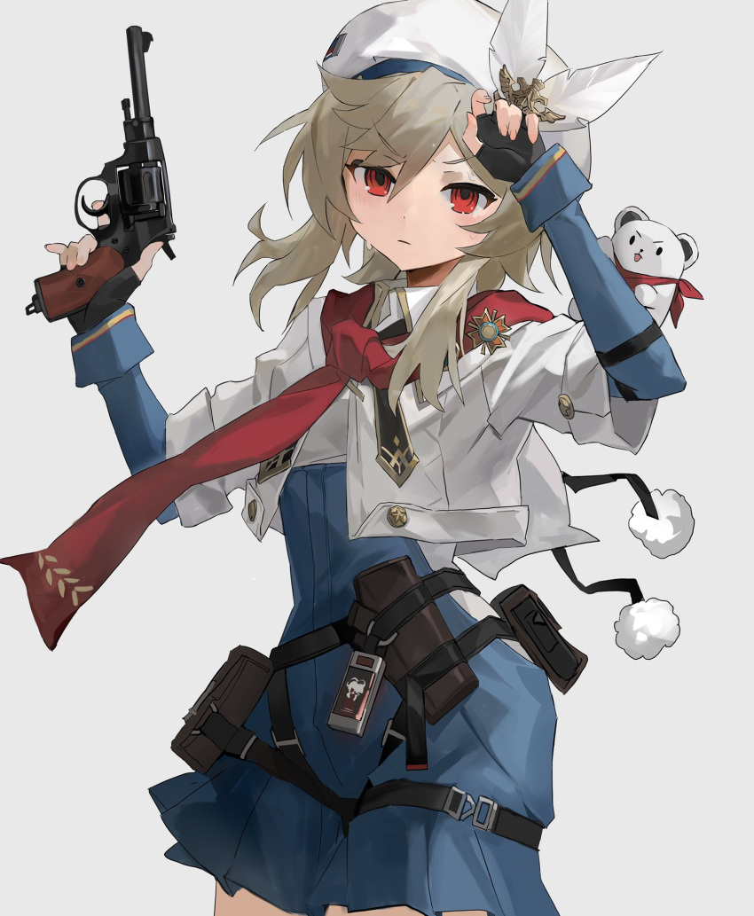 1girl beret black_neckerchief blonde_hair blue_jumpsuit breasts closed_mouth finger_on_trigger fingerless_gloves girls'_frontline_2:_exilium girls_frontline gloves gun hair_between_eyes hands_up hat hat_feather highres holding holding_weapon hoo jumpsuit long_hair long_sleeves looking_at_viewer nagant_m1895 nagant_revolver_(girls'_frontline) neckerchief pouch red_eyes red_scarf revolver scarf sidelocks simple_background small_breasts solo stuffed_animal stuffed_toy sweat two-tone_jumpsuit upper_body weapon white_background white_headwear