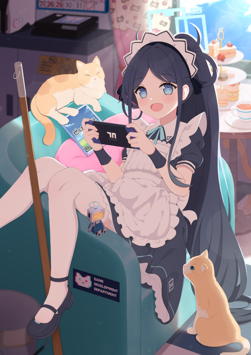 &lt;key&gt;_(robot)_(blue_archive) 1girl absurdly_long_hair absurdres apron aris_(blue_archive) aris_(maid)_(blue_archive) black_dress black_footwear black_hair blue_archive blue_eyes blue_halo cake cake_slice dress food frilled_apron frills halo handheld_game_console highres holding holding_handheld_game_console indoors long_hair looking_at_viewer maid maid_headdress official_alternate_costume open_mouth puffy_short_sleeves puffy_sleeves ringed_eyes shoes short_sleeves smile solo the_legend_of_zelda thigh-highs ukai_(user_rvvf3458) very_long_hair white_apron white_thighhighs