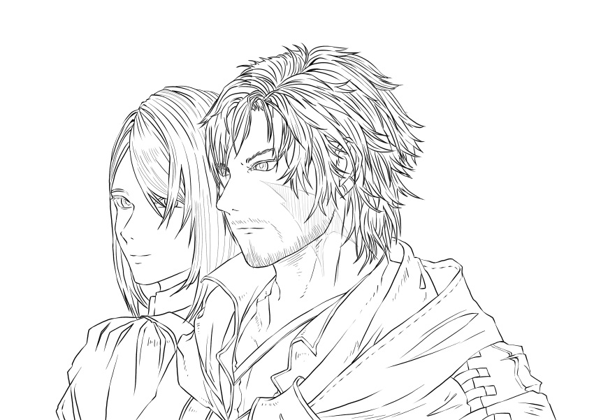 absurdres cape clive_rosfield couple earrings final_fantasy final_fantasy_xvi g-pen highres jewelry jill_warrick lineart non-web_source scar