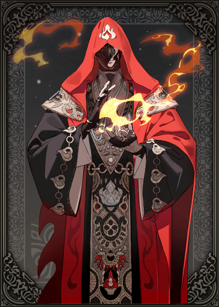 black_background black_robe covered_eyes elrohirz fire hand_wraps handwear highres magic magician mask original ornate_border pyrokinesis red_robe robe