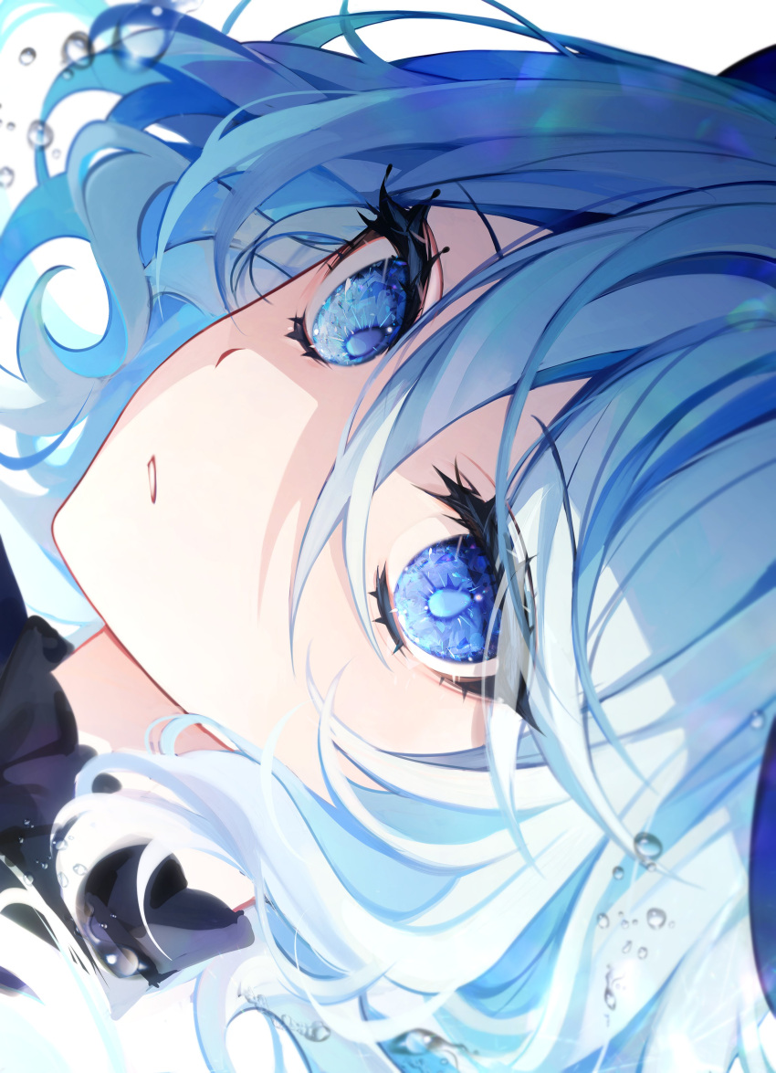 1girl 58_(opal_00_58) absurdres air_bubble ascot black_ascot blue_ascot blue_brooch blue_eyes blue_hair bubble close-up drop-shaped_pupils eyelashes furina_(genshin_impact) genshin_impact hair_between_eyes heterochromia highres light_blue_hair looking_at_viewer multicolored_hair parted_lips portrait sidelocks sideways solo streaked_hair two-tone_hair water_drop white_background