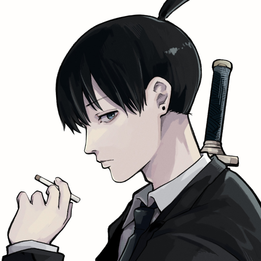 1boy black_hair black_necktie black_suit blue_eyes chainsaw_man cigarette closed_mouth collared_shirt cropped_torso formal hayakawa_aki highres holding holding_cigarette jacket looking_at_viewer male_focus necktie portrait shirt short_hair simple_background solo suit suit_jacket sword topknot upper_body weapon weapon_on_back white_background white_shirt yuma_kahara