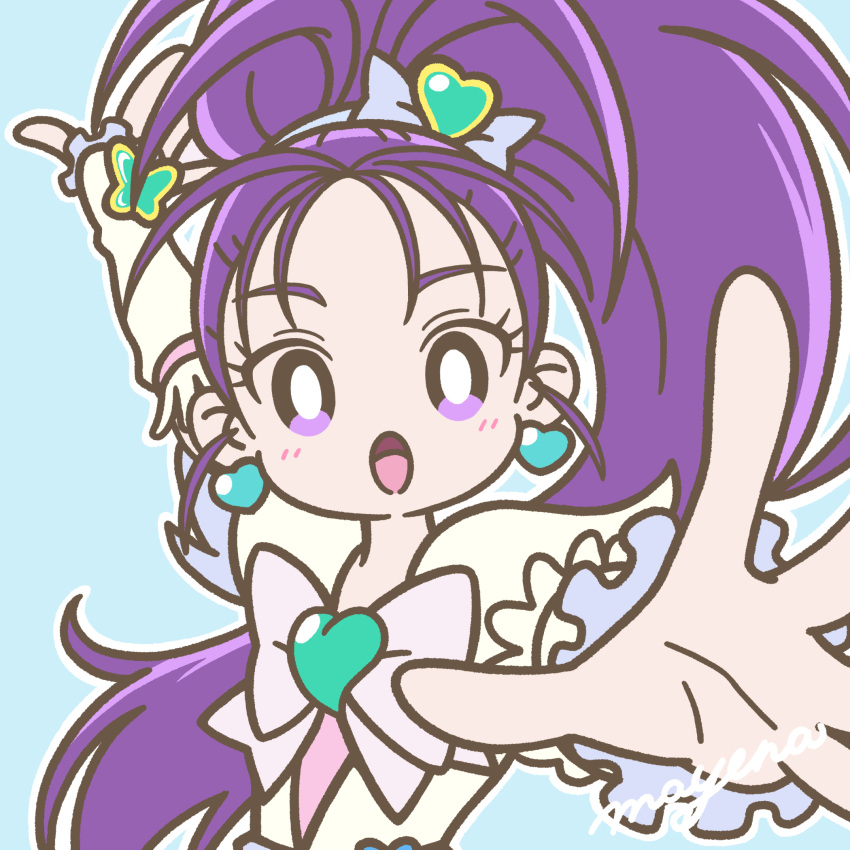 1girl blush bow brooch cure_egret earrings futari_wa_precure_splash_star hair_ornament heart heart_brooch heart_earrings high_ponytail highres jewelry long_hair long_sleeves magical_girl mayena mishou_mai open_mouth outstretched_arm ponytail precure purple_hair ribbon signature simple_background solo upper_body violet_eyes