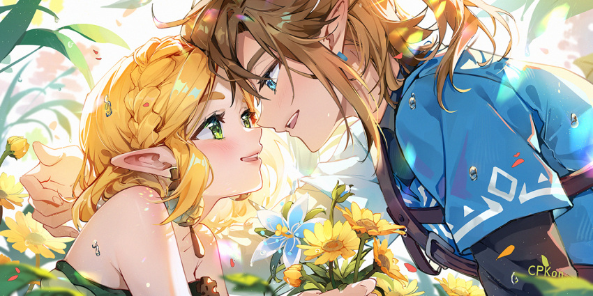 1boy 1girl blonde_hair blue_eyes bouquet brown_hair cat_princess champion's_tunic_(zelda) dress earrings flower forehead-to-forehead green_eyes heads_together hetero jewelry link looking_at_another pointy_ears princess_zelda short_hair silent_princess smile strapless strapless_dress the_legend_of_zelda the_legend_of_zelda:_tears_of_the_kingdom