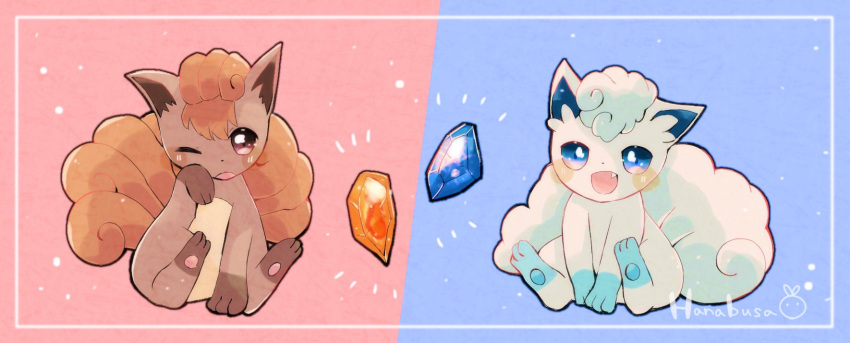 alolan_vulpix animal_focus artist_name blue_background blue_eyes border brown_fur commentary_request evolutionary_stone fang fire_stone hanabusaoekaki highres ice_stone multiple_tails no_humans one_eye_closed open_mouth pawpads pokemon pokemon_(creature) red_background sitting tail two-tone_background vulpix white_border white_fur