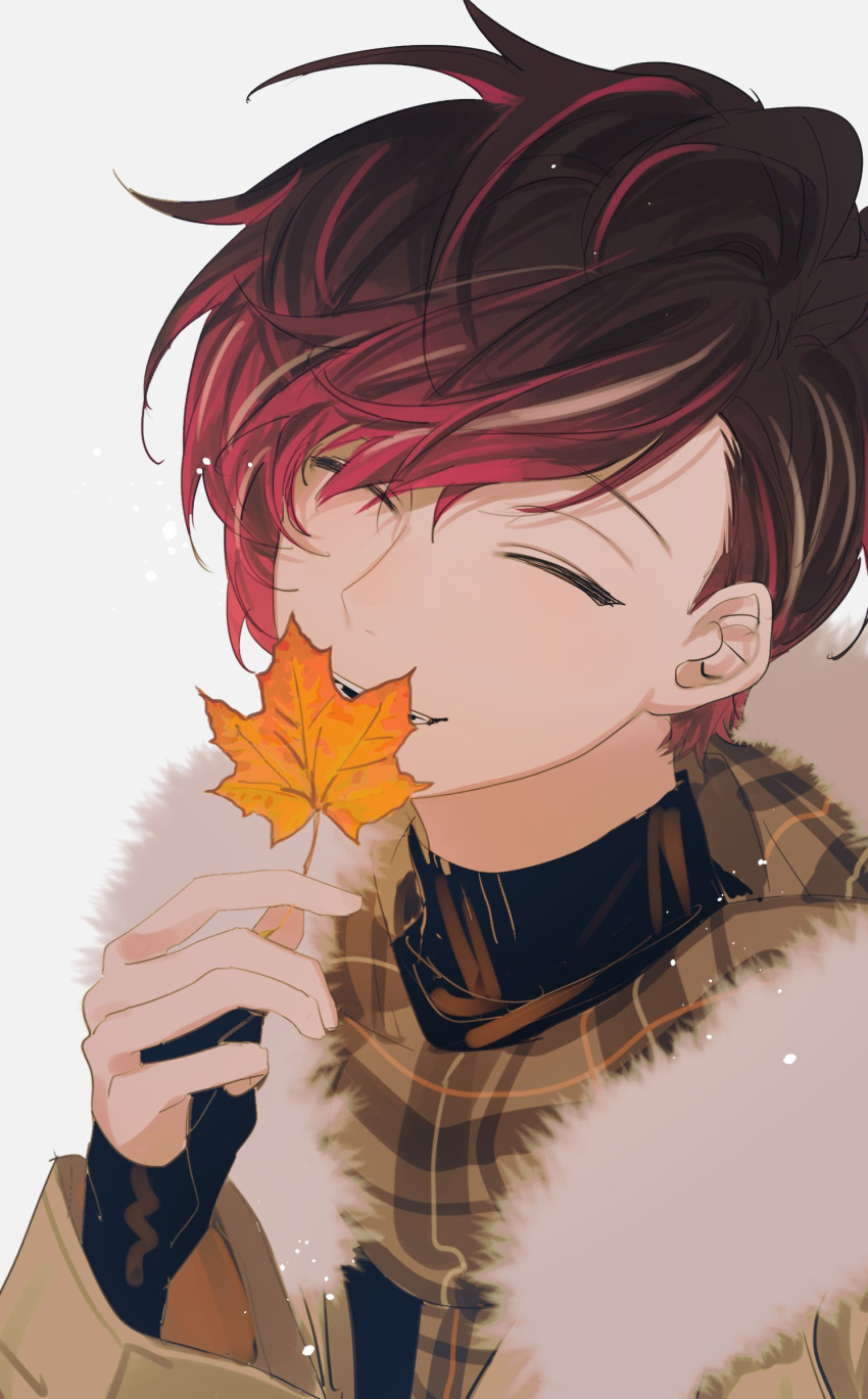 1boy absurdres alternate_costume autumn_leaves brown_hair brown_scarf closed_eyes coat commentary english_commentary ewa_(yion_yu94148) fingerless_gloves fur-trimmed_coat fur_trim gloves highres male_focus multicolored_hair nijisanji nijisanji_en open_mouth pink_hair plaid plaid_scarf scarf smile solo streaked_hair ver_vermillion virtual_youtuber