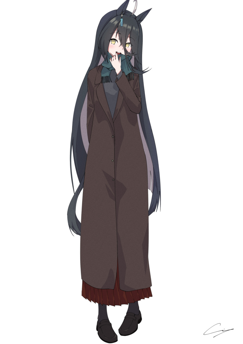 1girl ahoge animal_ears black_hair brown_coat brown_footwear ci4 coat earrings full_body green_scarf highres horse_ears horse_girl horse_tail jewelry loafers long_hair long_skirt looking_at_viewer manhattan_cafe_(umamusume) multicolored_hair open_mouth red_skirt scarf shoes simple_background single_earring skirt solo standing tail two-tone_hair umamusume very_long_hair white_background white_hair