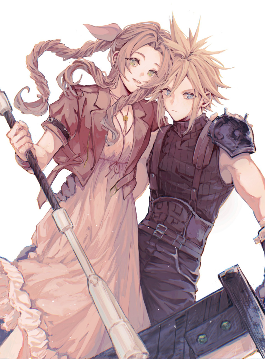 1boy 1girl aerith_gainsborough armor belt_buckle blonde_hair blue_eyes braid braided_ponytail brown_hair buckle buster_sword cloud_strife dress final_fantasy final_fantasy_vii final_fantasy_vii_remake green_eyes hair_ribbon hand_on_another's_shoulder hand_on_another's_waist highres holding holding_staff jacket leanor_ff14 leather_belt light_smile pink_dress red_jacket ribbon shoulder_armor spiky_hair staff suspenders turtleneck