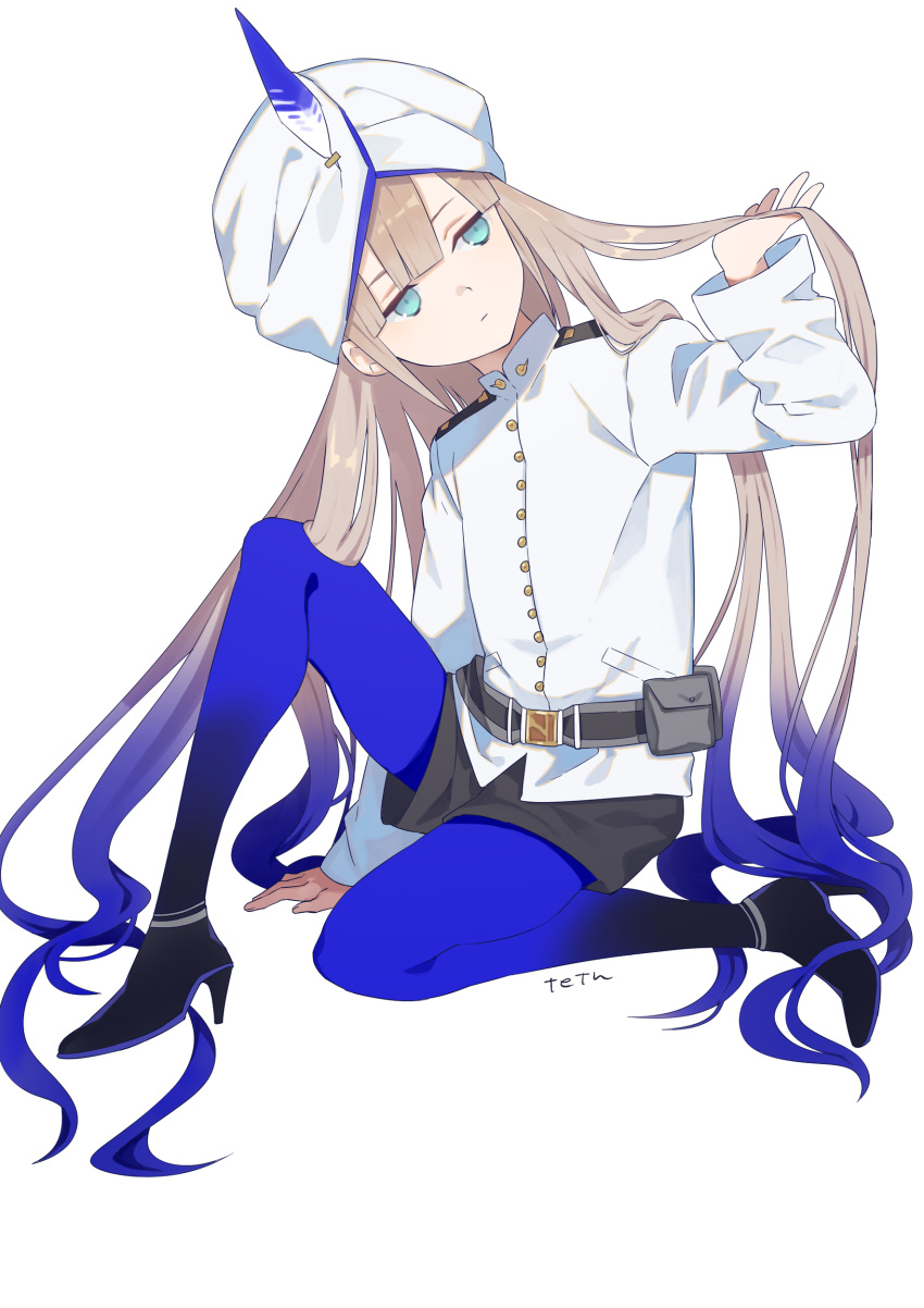 1boy absurdres androgynous belt black_belt black_shorts blue_pantyhose brown_hair buttons captain_nemo_(fate) fate/grand_order fate_(series) gradient_hair hat_feather high_heels highres jitome knee_up long_hair long_sleeves male_focus multicolored_hair nemo_(fate) pantyhose shirt shorts simple_background solo tetsu_(teppei) turban very_long_hair white_headwear white_shirt
