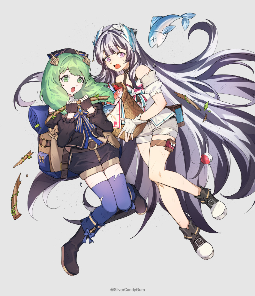2girls absurdres artist_name bare_shoulders basket black_hair boots commission drill_hair feather_hair_ornament feathers fire_emblem fire_emblem:_three_houses fire_emblem_engage fire_emblem_heroes fish fishing_rod flayn_(fire_emblem) full_body green_eyes green_hair grey_hair hair_ornament highres holding holding_basket long_hair long_sleeves looking_at_viewer multicolored_hair multiple_girls open_mouth petite pixiv_commission scratches shorts silvercandy_gum simple_background smile thigh-highs thigh_strap torn_clothes two-tone_hair very_long_hair veyle_(fire_emblem) violet_eyes