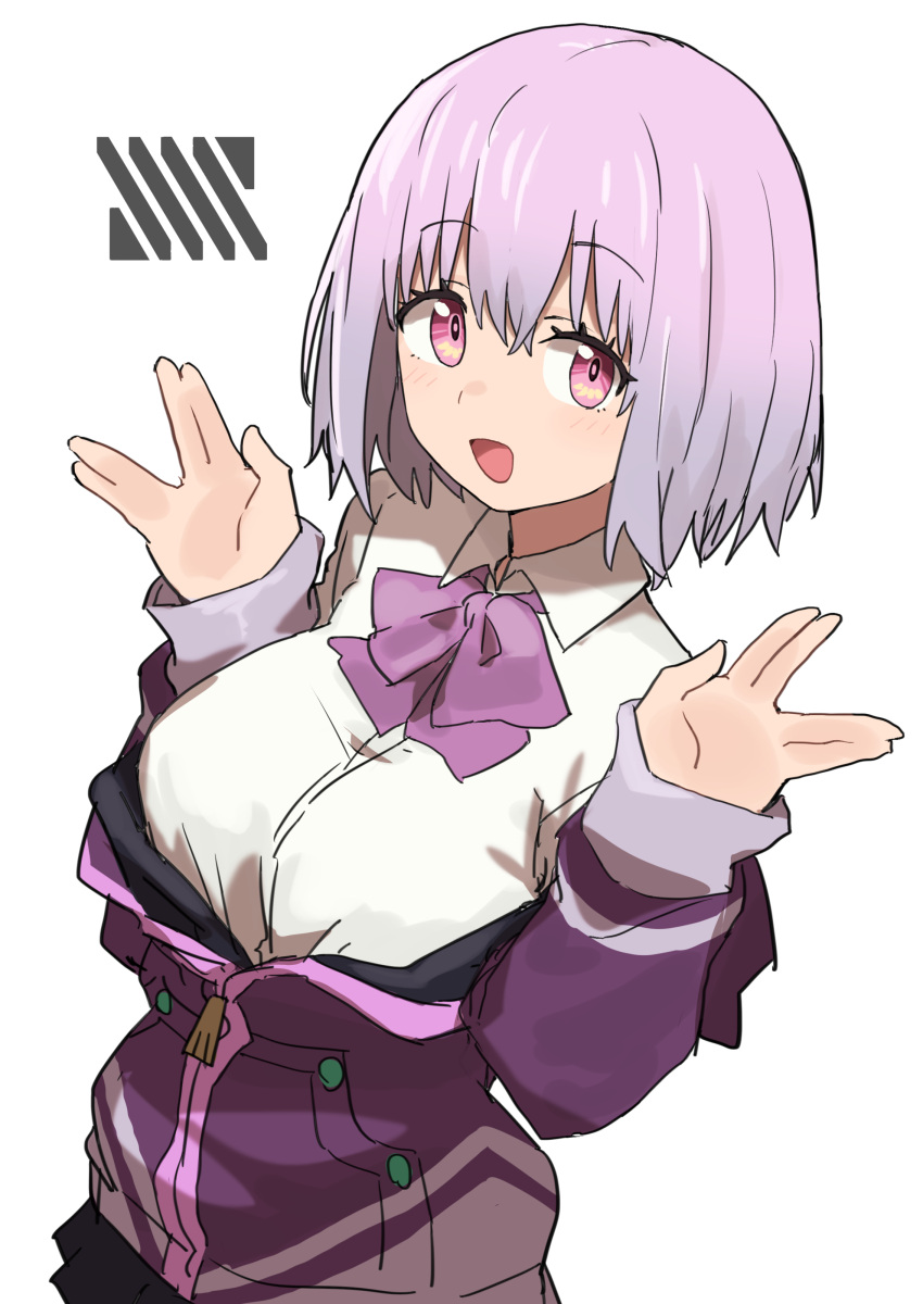 1girl :d absurdres bow bowtie breasts gazacy_(dai) gridman_universe highres looking_at_viewer medium_breasts purple_bow purple_bowtie purple_hair shinjou_akane shirt short_hair simple_background smile solo ssss.gridman white_background white_shirt
